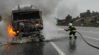 Balık yemi yüklü kamyon küle döndü