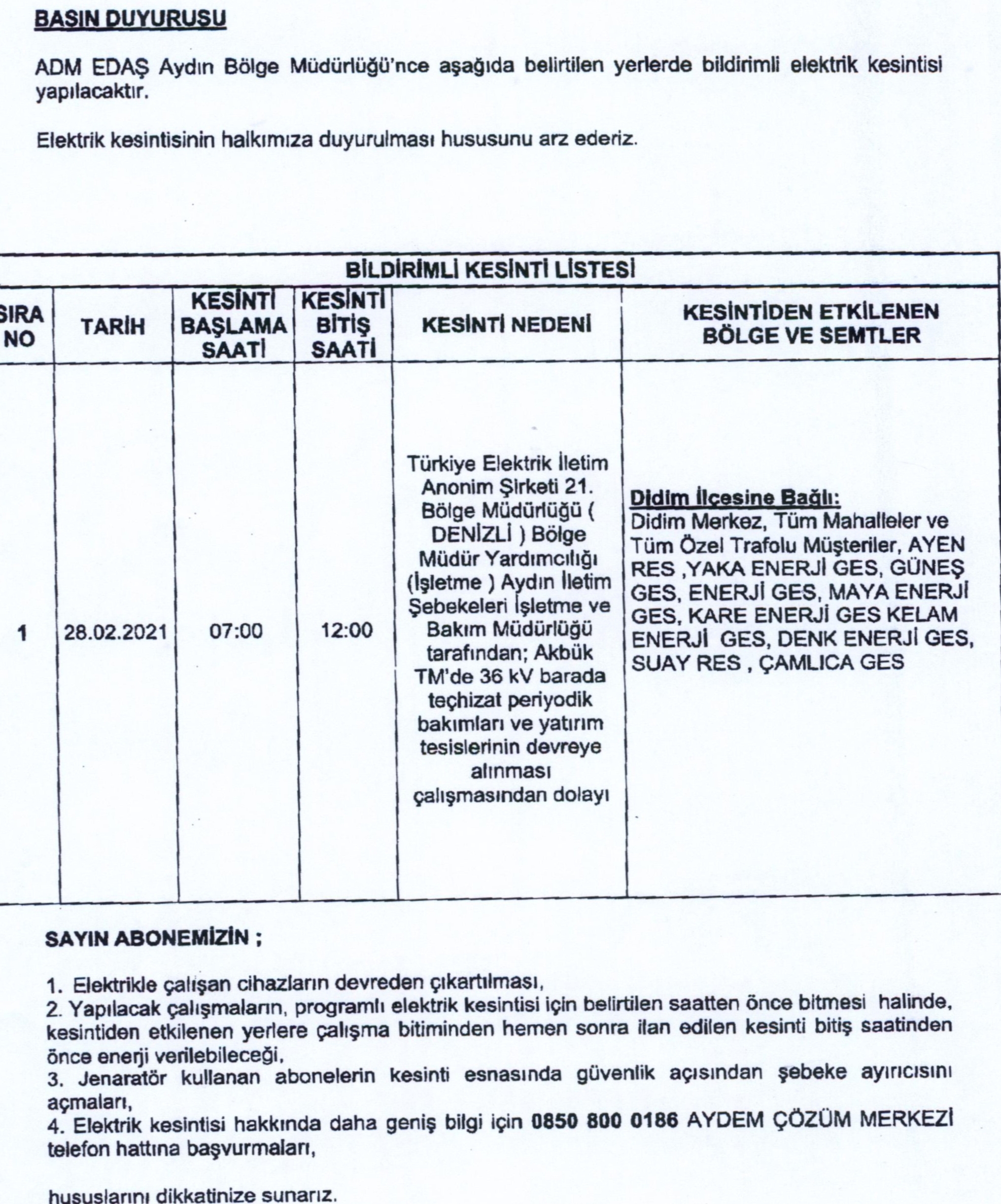 Aydın’da 5 saat elektrik kesintisi yaşanacak